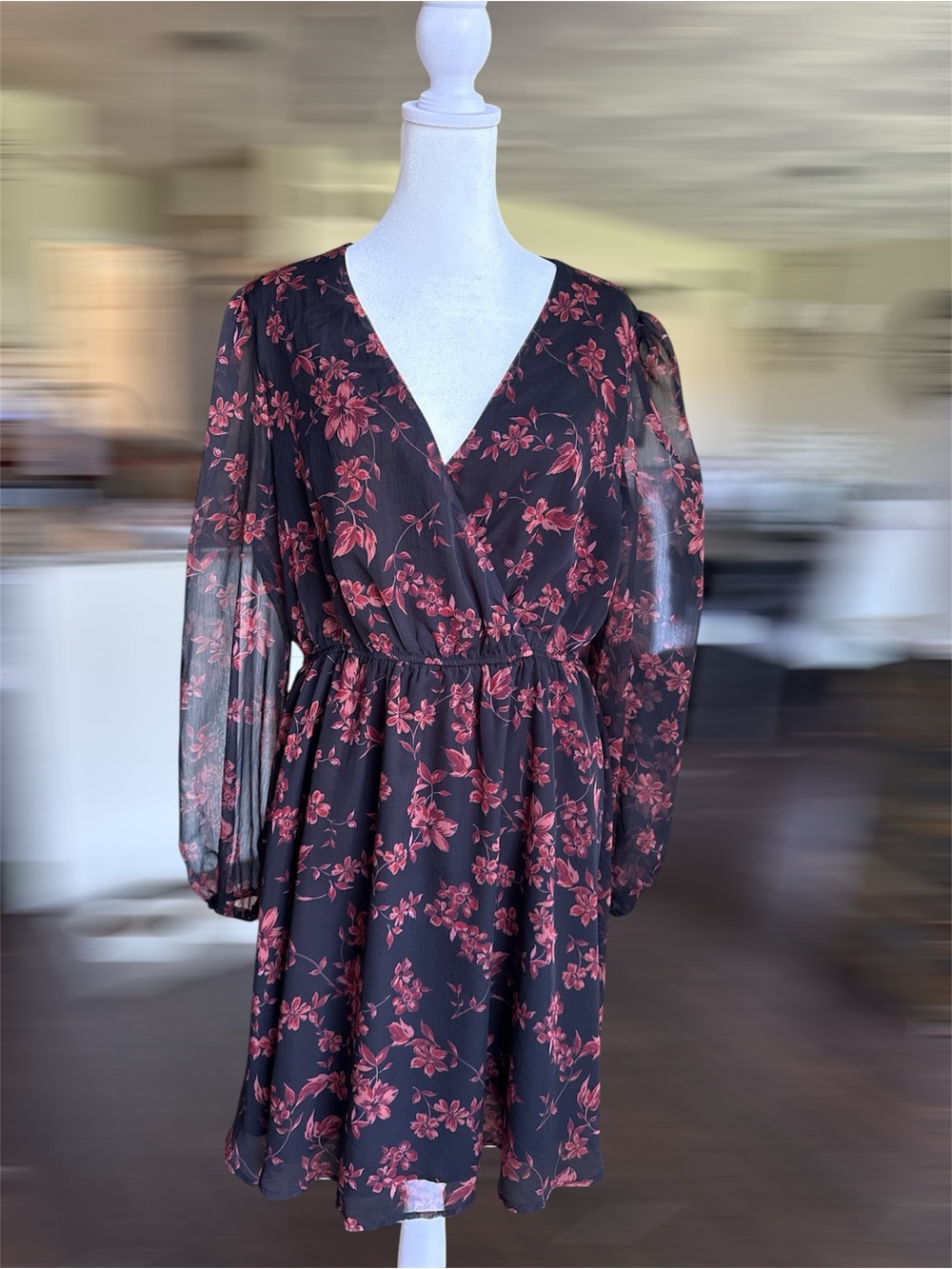 Women's Black Floral Dress with Cranberry Blossoms